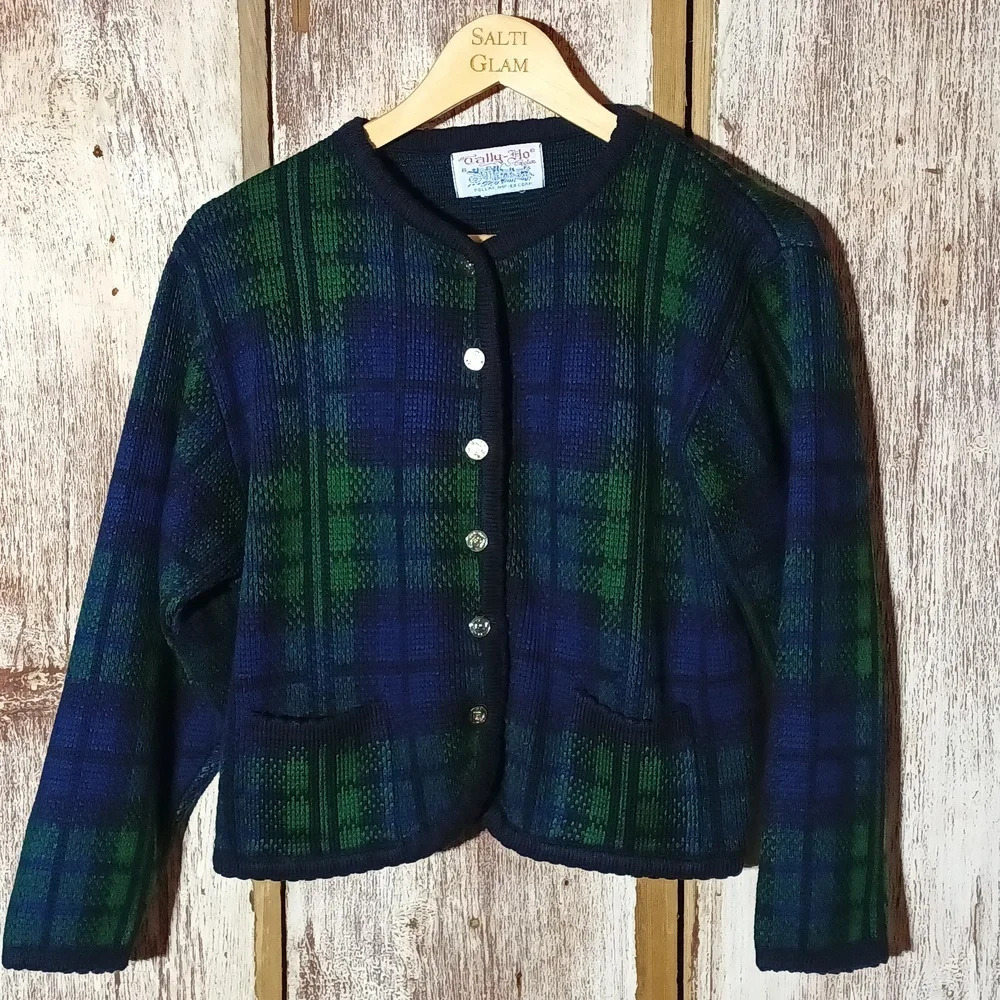 Tally Ho Navy and Green Plaid Knit Cardigan